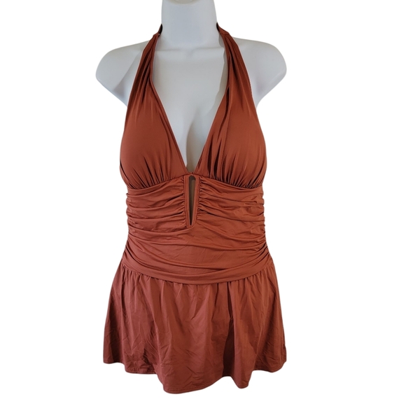 BLUE|Rod Beattie Chestnut Ruched Plunging Halter One Piece Swimsuit Sz 12 Sexy - Picture 12 of 12